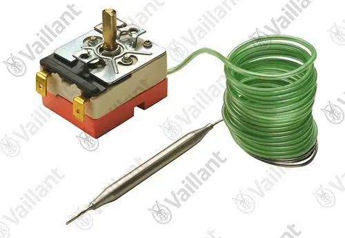 Temperaturregler von Vaillant mit Ventil und grünem Kabel. Sichtbare Steuerung und Anschlussstellen zur Regulierung der Temperatur in Heizsystemen.